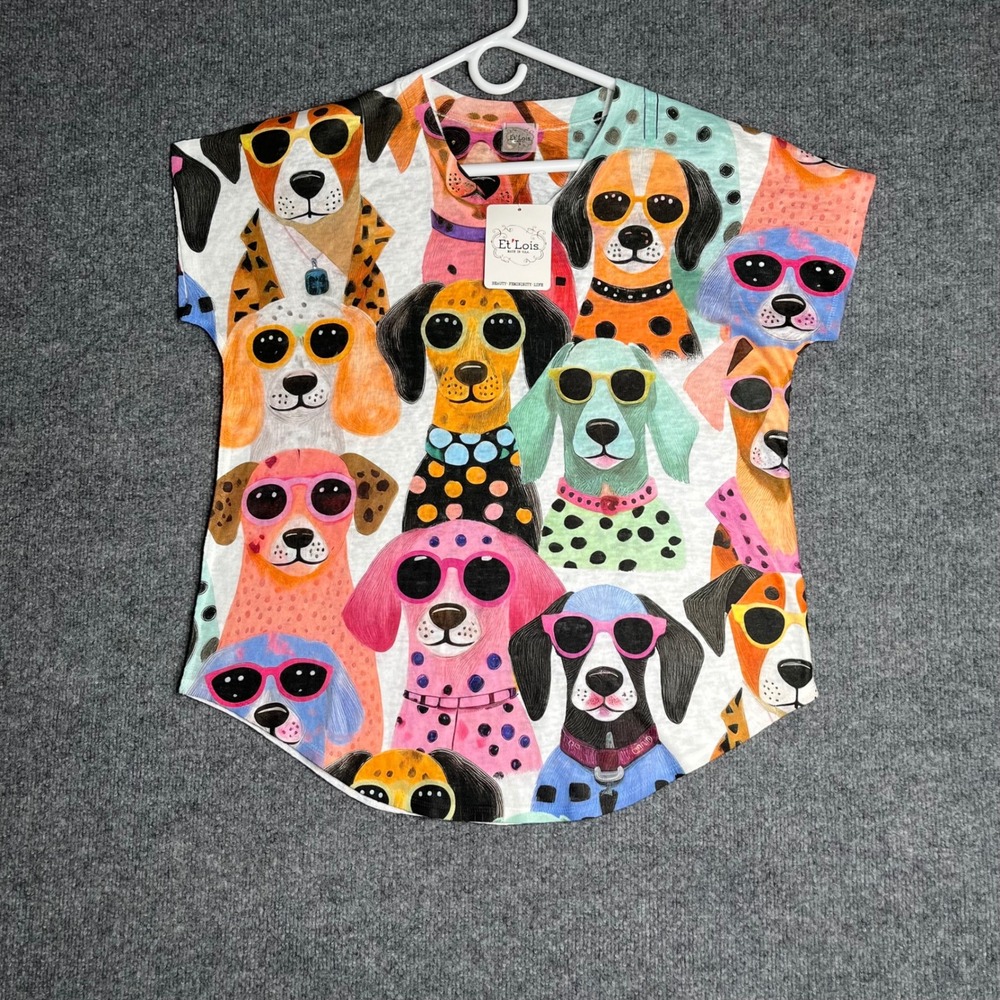 Et Lois Womens Small Dog Graphic Print Short Sleeve Top Artsy Multi-Color